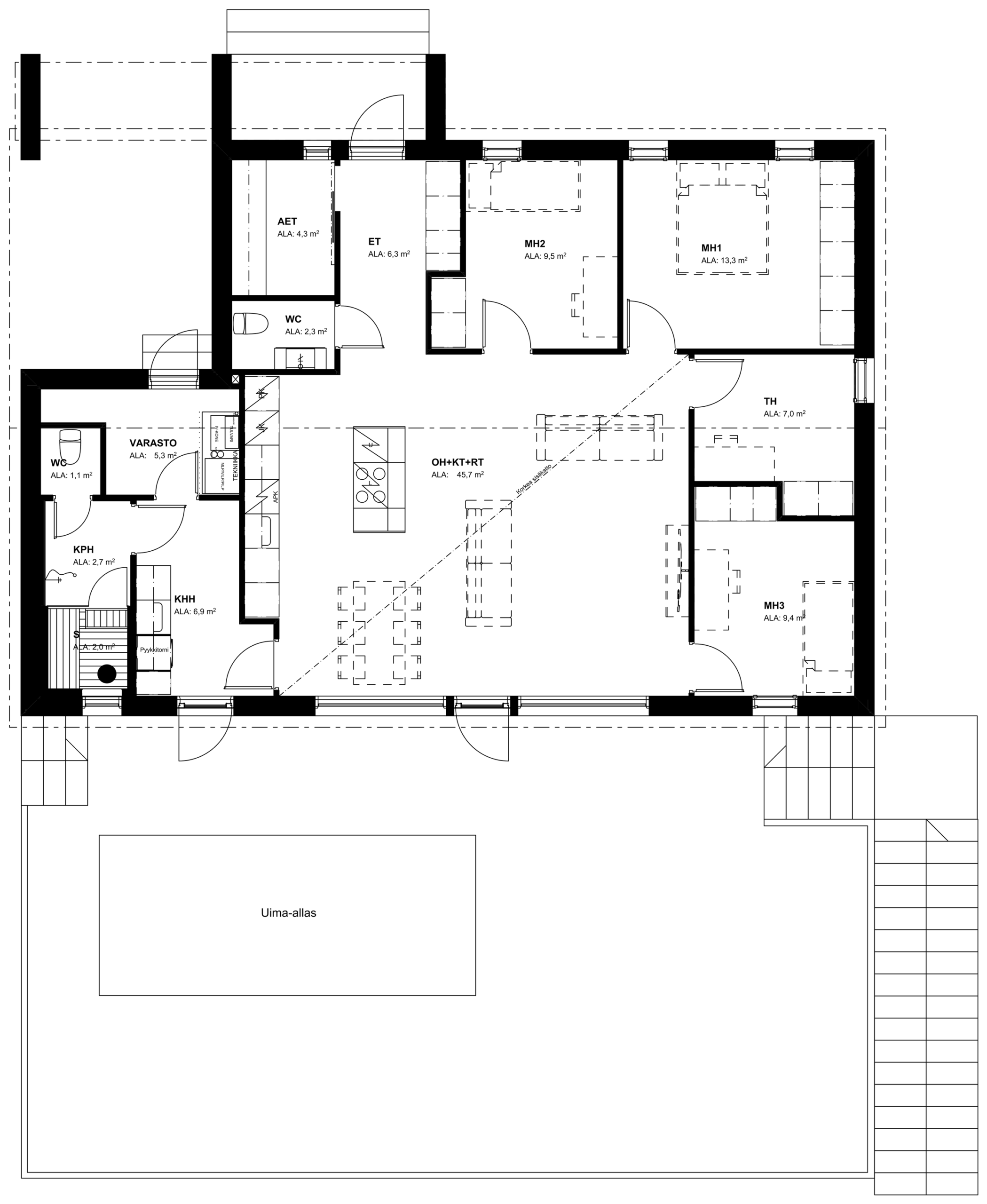 Pohjapiirros, yksitasoinen koti 120 m² ja terassi